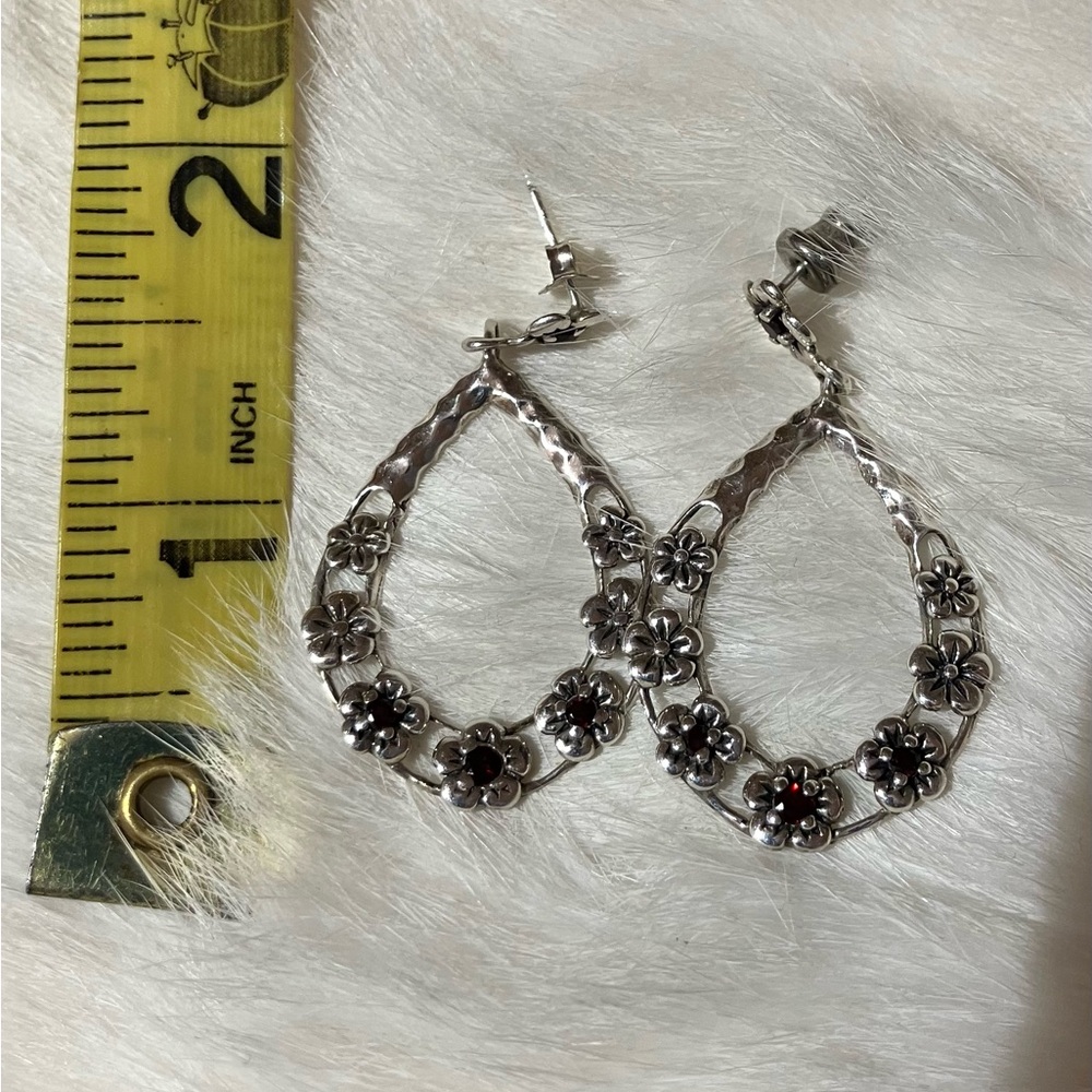 Sterling Silver Garnet Floral Teardrop Earrings - Picture 6 of 6